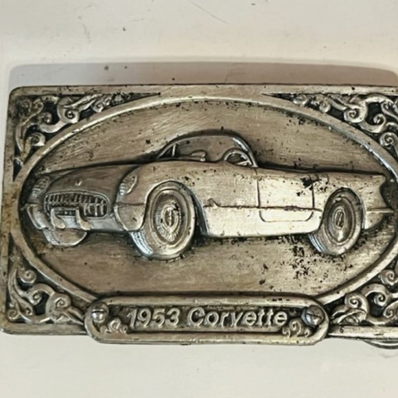 Belt Buckle vtg silver pewter brass Bergamot Siskiyou Arroyo 1953 Corvette car - Picture 4 of 4